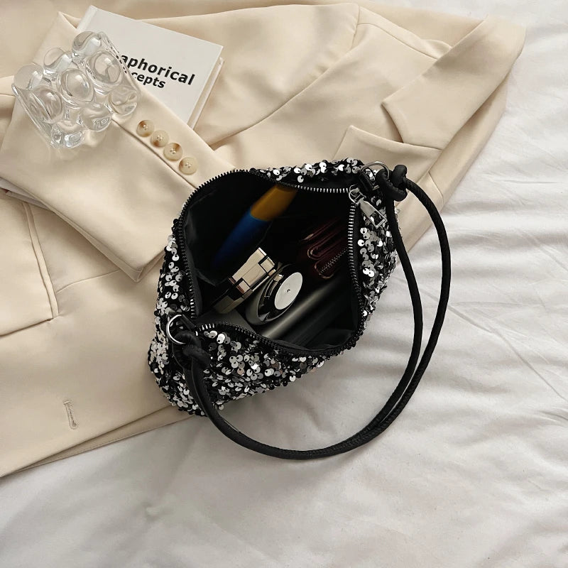 Bolso Moda Tendencia con Lentejuelas para Mujer – Negro/Plateado, Compacto y Elegante para Fiestas y Salidas