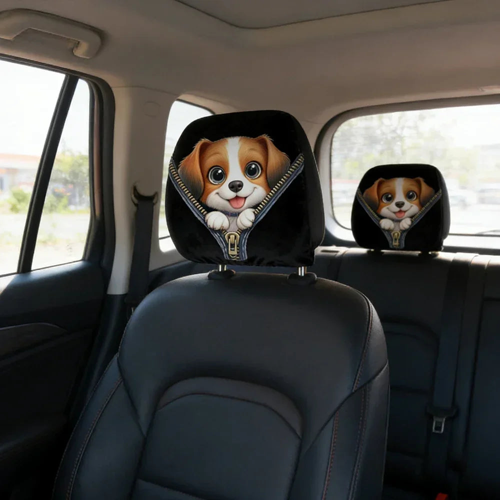 Fundas Moda Apoya cabezas de Auto con Diseño de Perros – Pack de 2, Tela Elástica con Cremallera