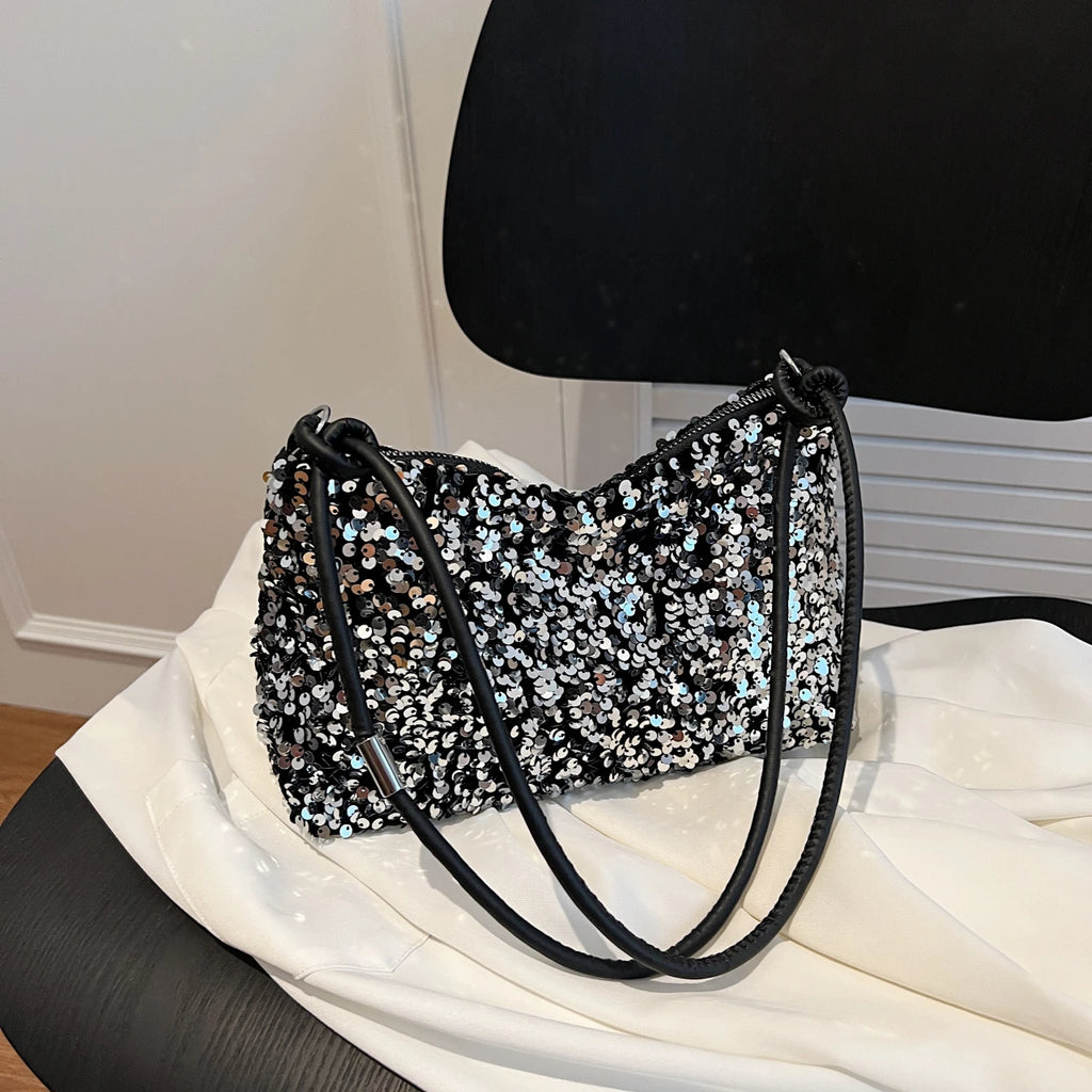 Bolso Moda Tendencia con Lentejuelas para Mujer – Negro/Plateado, Compacto y Elegante para Fiestas y Salidas