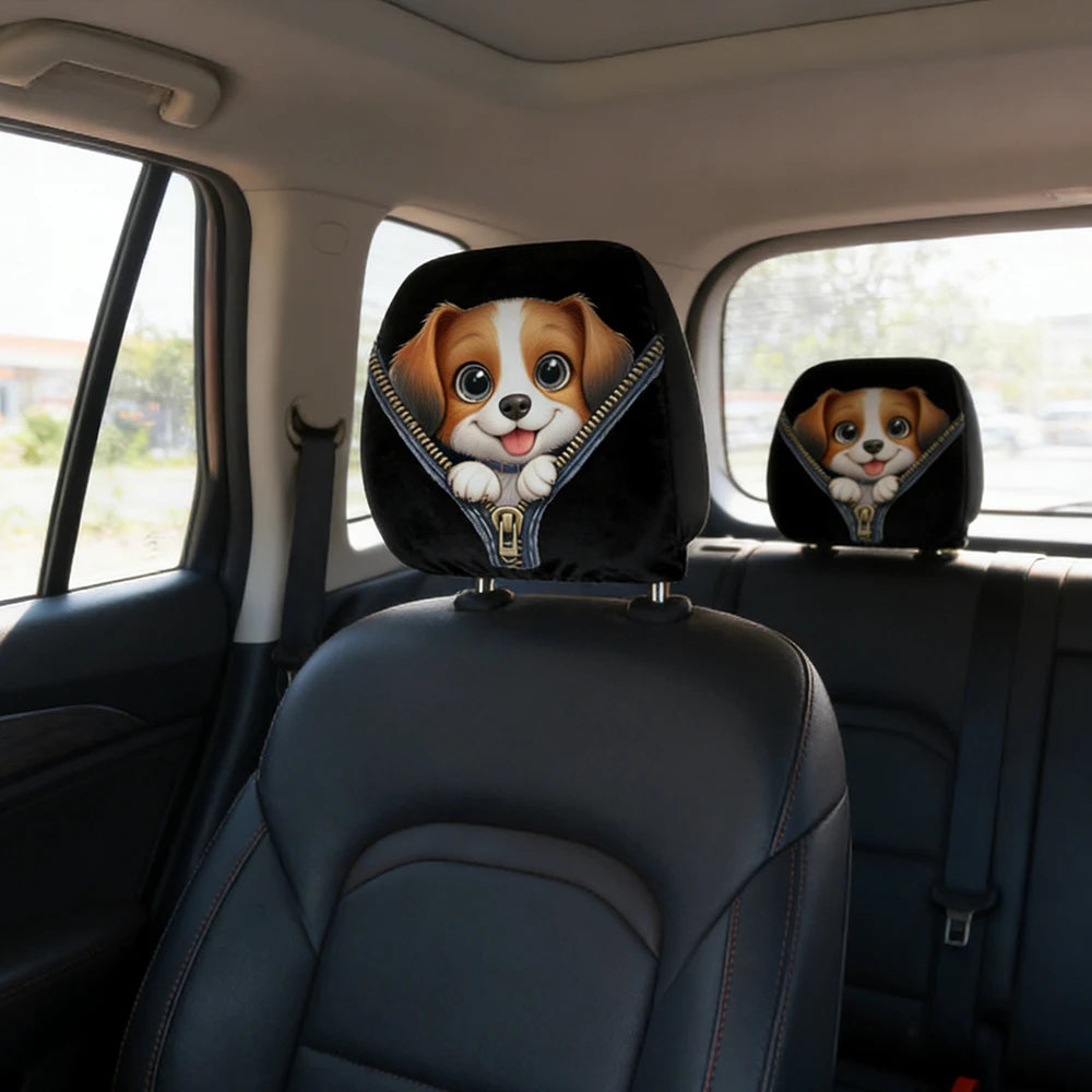 Fundas Moda Apoya cabezas de Auto con Diseño de Perros – Pack de 2, Tela Elástica con Cremallera