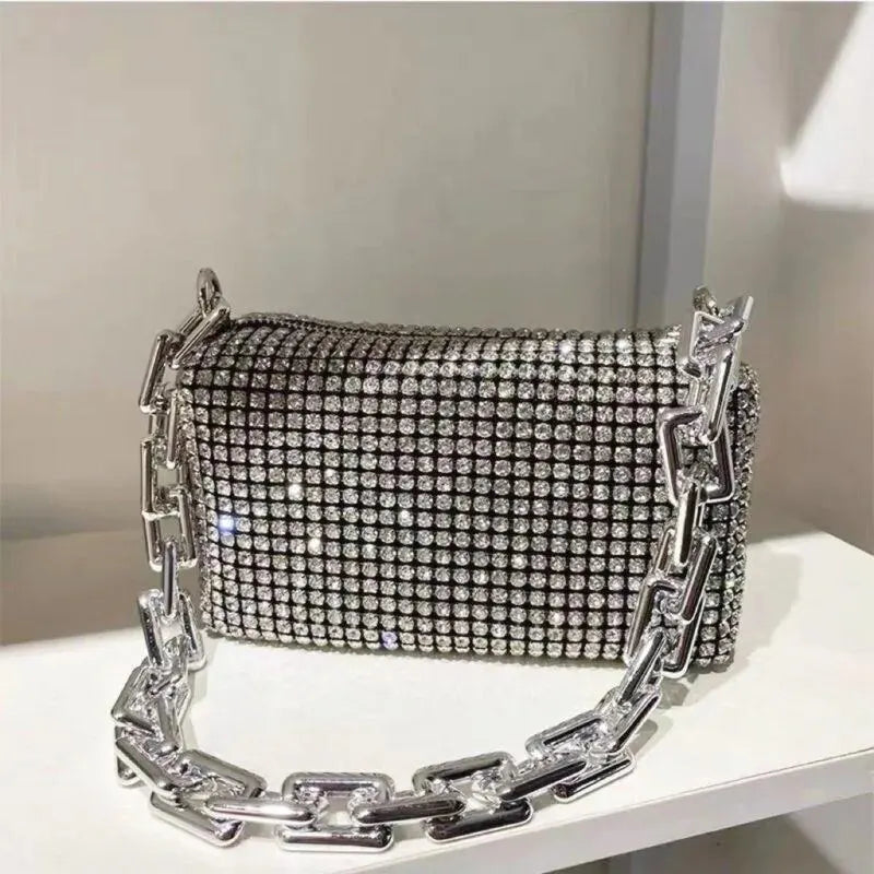 Bolso Cubo con Pedrería y Cadena Brillante – Mini Cartera Cruzada para Mujer
