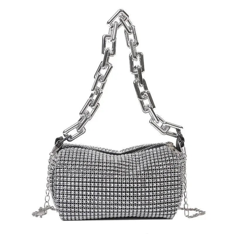 Bolso Cubo con Pedrería y Cadena Brillante – Mini Cartera Cruzada para Mujer