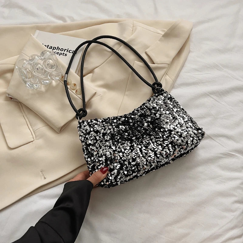 Bolso Moda Tendencia con Lentejuelas para Mujer – Negro/Plateado, Compacto y Elegante para Fiestas y Salidas